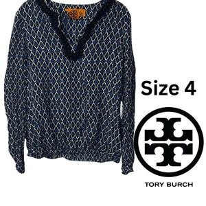 EUC Tory Burch Ksenia Ikat Blue and Ivory Blouse Size 4